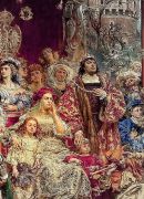 Królowa Bona siedząca obok stojącego króla Zygmunta I Mal. Jan Matejko (1874).