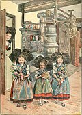 Dziewczynki w strojach alzackich niosące kugelhupf z okazji święta Trzech Króli (1918)